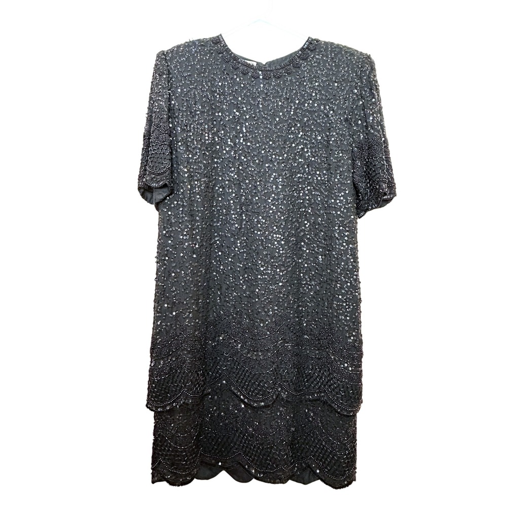 Vintage Beaded Silk Dress Womens Large Black Sequin Scalloped Glam Cocktail Art